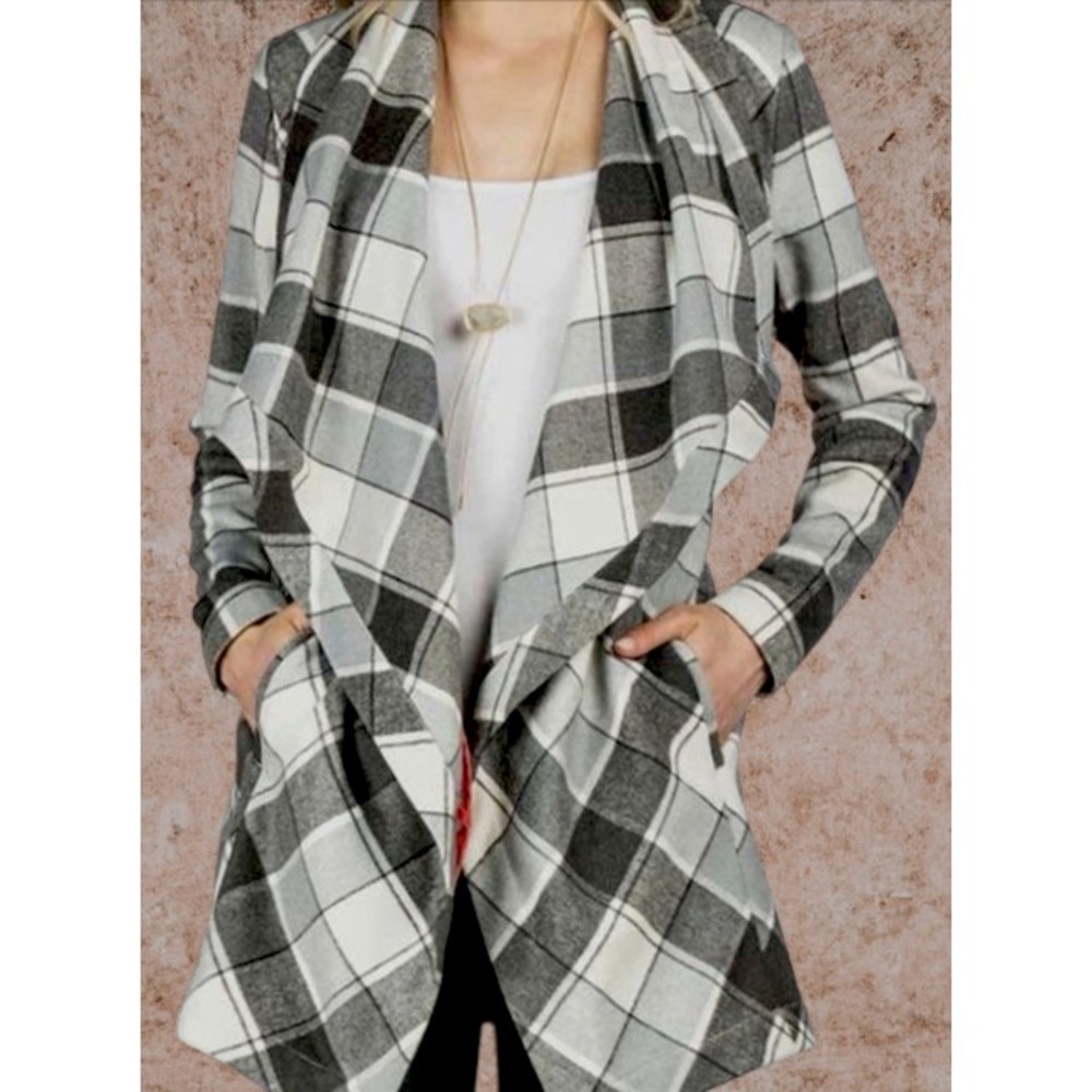 Matilda Jane Make Believe Check It Twice Wrap Coat Women's L Buffalo Plaid Gray